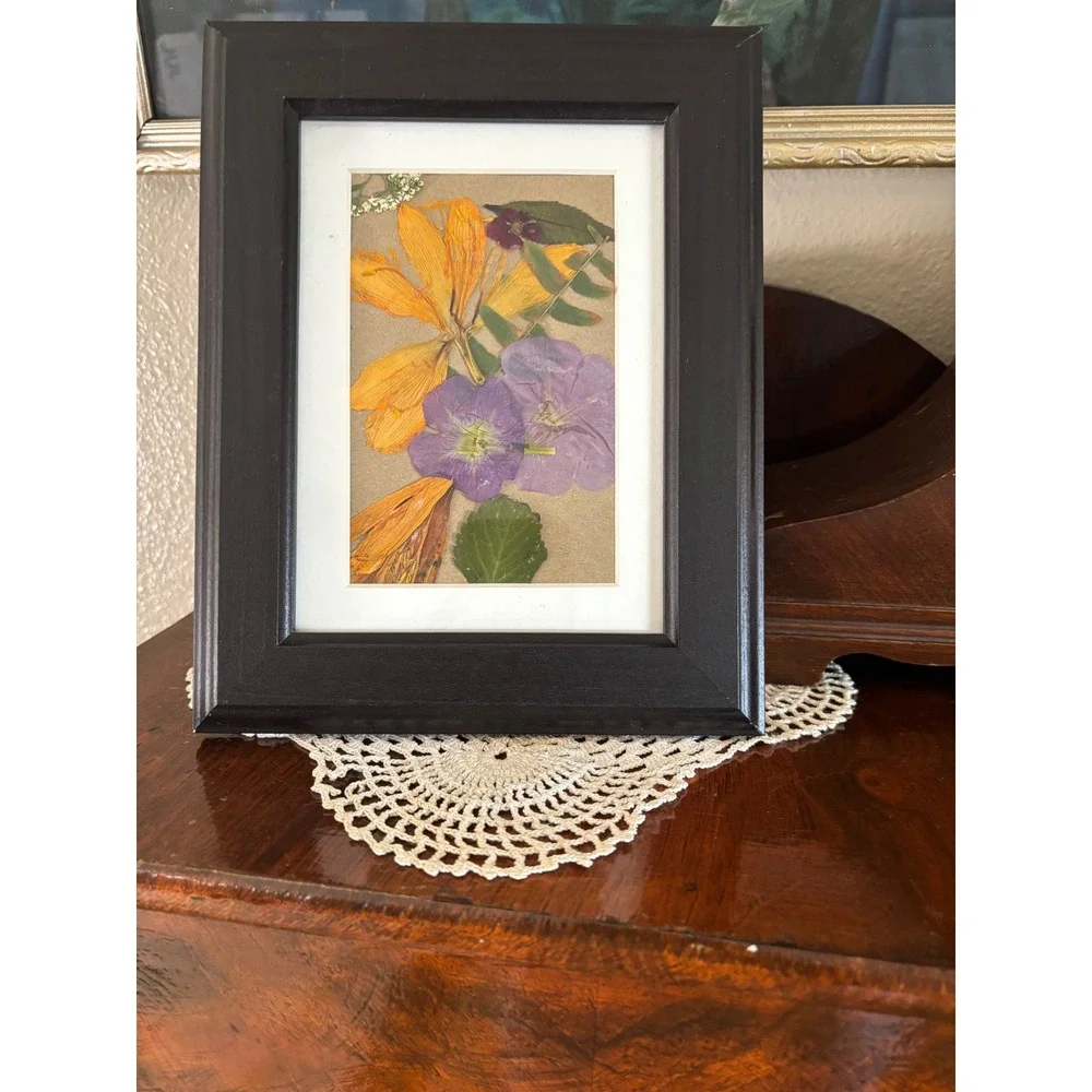 Pressed Flower Art Framed Botanical Wall Decor Yellow Purple Dried Floral 6x8